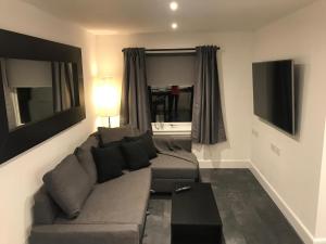 a living room with a couch and a tv at L&H APARTMENTS in Inverness