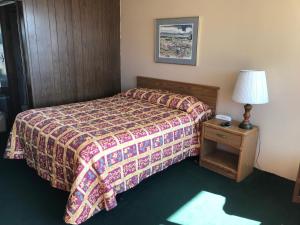 ein Schlafzimmer mit einem Bett und einem Tisch mit einer Lampe in der Unterkunft Budget Host Village Inn in Kirksville