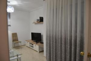 een woonkamer met een televisie en een gordijn bij Nuevo Sueño del Alcazar in Córdoba