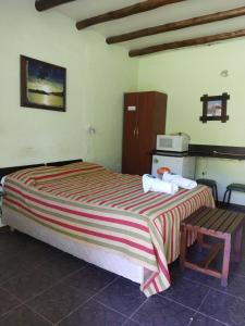 een slaapkamer met een groot bed en een stoel bij posada cerro los nogales in San Agustín de Valle Fértil