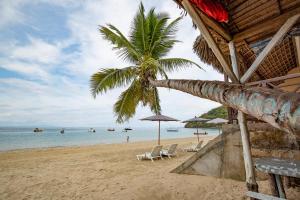 a beach with chairs and a palm tree and the ocean at Hotel-Residence Au Sable Blanc in Madirokely