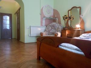 リヴィウにあるFlat on Sheptytskykhのベッド1台、椅子、鏡が備わる客室です。