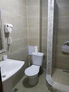 a bathroom with a white toilet and a sink at Casa Lacul Sarat in Techirghiol +29 photos