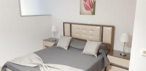 een slaapkamer met een bed met twee kussens bij Olive Tree Apartments in Parga