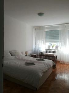 ein Schlafzimmer mit einem großen Bett und einem Fenster in der Unterkunft Belgrade Base in Belgrad