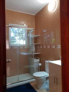 a bathroom with a shower and a toilet and a sink at Casa Angel y Carmen (La Dama, La Gomera) in El Cercado