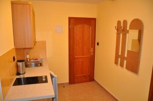 a kitchen with a sink and a wooden door at Penzion Florian in Frymburk