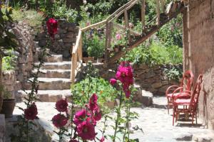 un jardin avec des fleurs rouges et un escalier en pierre dans l'établissement Douar Samra, à Imlil