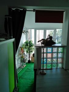 a room with a green floor and a window at Alfonso XII in Redondela
