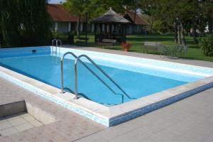 una gran piscina con dos pasamanos metálicas en Sarlóspuszta Club Hotel, en Tatárszentgyörgy