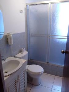 a bathroom with a toilet and a sink and a shower at Hostal Las Begonias in Arequipa