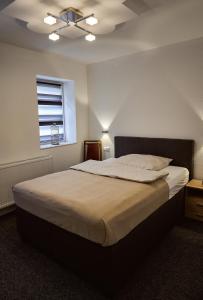 a bedroom with a large bed with a ceiling at Boardinghouse Apart-Hotel in Oberkochen