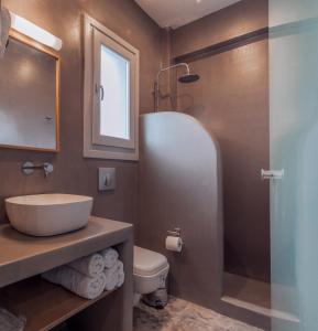 a bathroom with a sink and a toilet and a mirror at Andros Blue in Andros