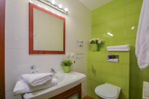 a green bathroom with a sink and a mirror at Apartament Krupówki 4 os CENTRUM in Zakopane