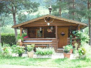 a wooden cabin with plants in front of it at Haus Christophorus in Bad Gastein