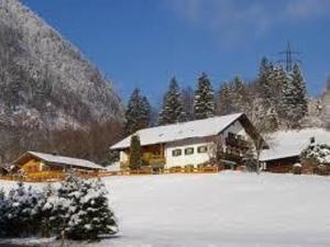 una casa con la neve sul terreno di fronte di Haus Holzner-Nagl a Schneizlreuth
