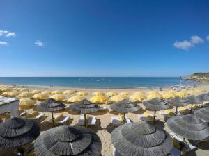 a group of umbrellas on a beach with the ocean at Apartamentos Borda D´Agua in Albufeira