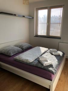 Bett in einem Zimmer mit zwei Kissen darauf in der Unterkunft Apartamenty Tychy Bielska 149A in Tychy