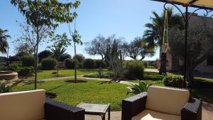 eine Terrasse mit Stühlen und einen Park mit Palmen in der Unterkunft Agroturisme Na Martina in Portopetro