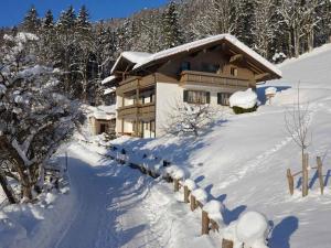 a snow covered house with a snow covered path to it at Haus Eicher in Schneizlreuth