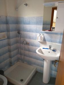 La salle de bains est pourvue d'un lavabo et d'une douche. dans l'établissement mare di zante "mare di levante", à Alikanas
