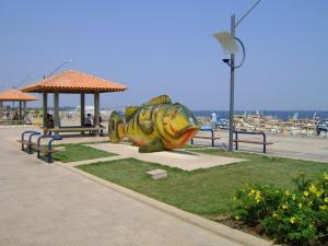 een groot visbeeld op het gras bij het strand bij hotel encontro das aguas in Santarém