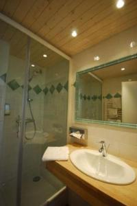 a bathroom with a shower, sink, and mirror at Hotel Le Monal in Sainte-Foy-Tarentaise