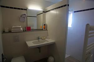 ein Badezimmer mit einem Waschbecken, einem WC und einem Spiegel in der Unterkunft Logis Auberge Cigaloise in Saint-Hippolyte-du-Fort