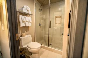 a bathroom with a toilet and a glass shower at Crescent Bay Inn in Laguna Beach