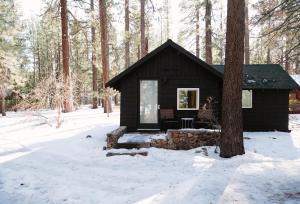 uma cabana negra na floresta na neve em Colorado Lodge em Big Bear Lake