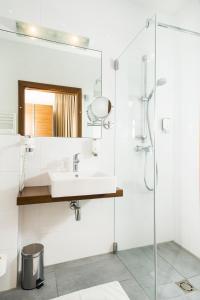 a bathroom with a shower, sink, and mirror at Hotel Römerstube in Graz