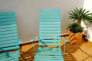 Dos sillas azules en una habitación con una planta en La Posidonia, en Rodalquilar