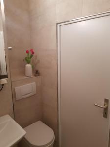 een badkamer met een toilet en een bloem op een plank bij Ferienwohnung Ostseetraum in Rostock +18 foto's
