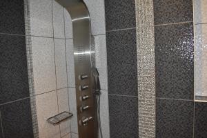 a shower with a glass door in a bathroom at Marinis Boutique Rooms in Iraklitsa