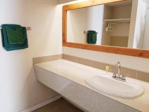 a bathroom with a sink and a mirror at Caravan Motel in Fort Saint John +54 photos