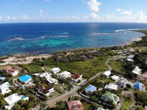 an aerial view of a beach with houses and the ocean at Appartement THOMANA , jacuzzi privé, plage à 200 m in Le Moule