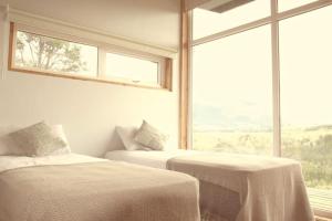 a bedroom with two beds and a large window at Cabañas Patagonia Indómita in Coihaique