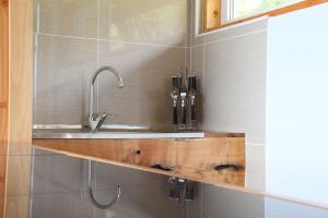 a kitchen counter with a sink and a sink at Cabañas Patagonia Indómita in Coihaique