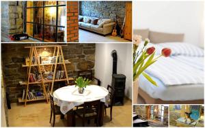 a collage of pictures of a room with a bed and a table at Dom Coacha i Mentora in Wysowa-Zdrój