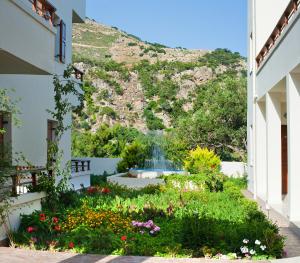 
a garden with flowers and plants in front of a building at Syia Hotel in Sougia
