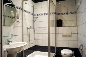een badkamer met een douche, een wastafel en een toilet bij Hotel Villa Wittstock in Burg