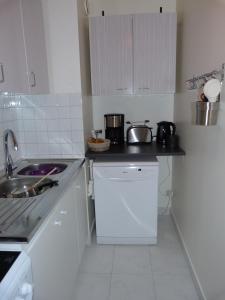 a white kitchen with a sink and a counter top at 33 Villa Curial in Paris