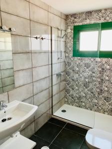 een badkamer met een douche, een wastafel en een toilet bij Apartamentos Zalabar in Tías