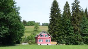 uma casa cor-de-rosa num campo com árvores em Erwins Ferien-Paradies em Hörbranz