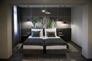 1 dormitorio con 1 cama grande y 2 almohadas en Hotel Central en Kecskemét