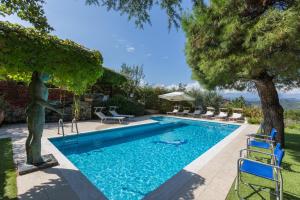 uma piscina com uma estátua ao lado de uma árvore em Tenuta Rosara em Ascoli Piceno