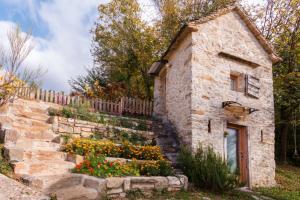 une ancienne maison en pierre avec des fleurs sur les marches. dans l'établissement Agriturismo Fattoria Ortoalpino, à Trichiana