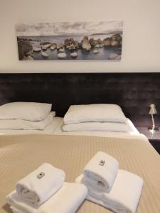 
a hotel room with two beds and two pillows at Hotel Oya in Prague
