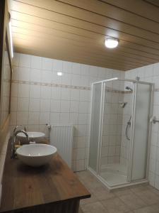 a bathroom with a sink and a shower at Vakantiehuis " Te Lande " in Torhout +8 photos