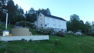 een groot wit huis op een grasheuvel bij Angvik Fjordferie in Angvik